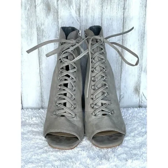 Steve Madden Freemee Lace Up Nubuck Leather Peep-Toe Booties Gray Size 7 - Picture 2 of 8